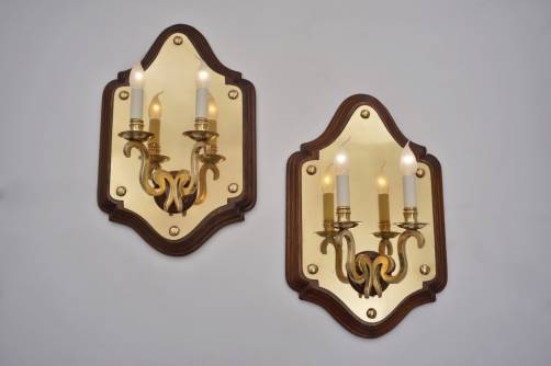 Huge 59cm girandole wall lights brass shield on cartouche, 1940`s, English